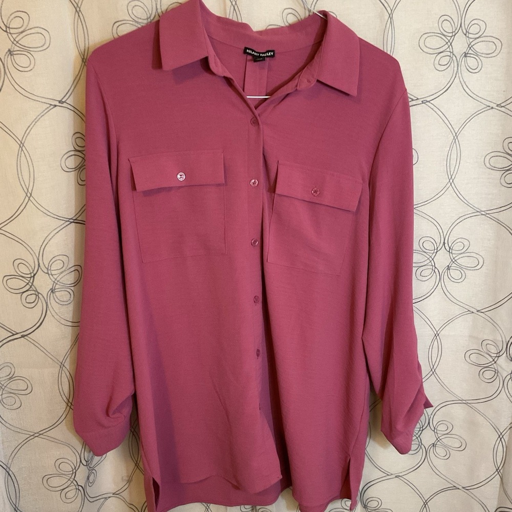 Women's Hilary Radley Pink Collared Button-Up Long Sleeve Blouse Size Large